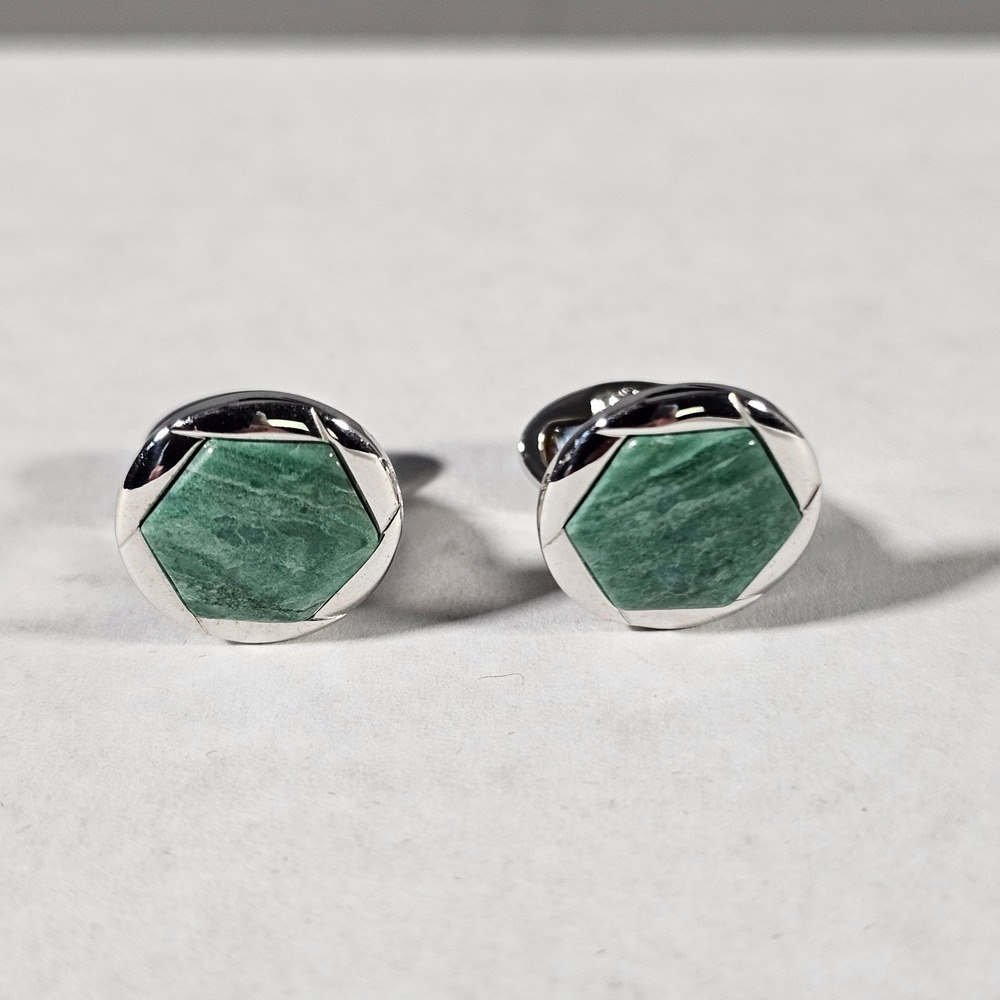 Jan Leslie Cufflinks Mens OS Green Sterling Silver‎ 925 Hexagon Stone Inlay